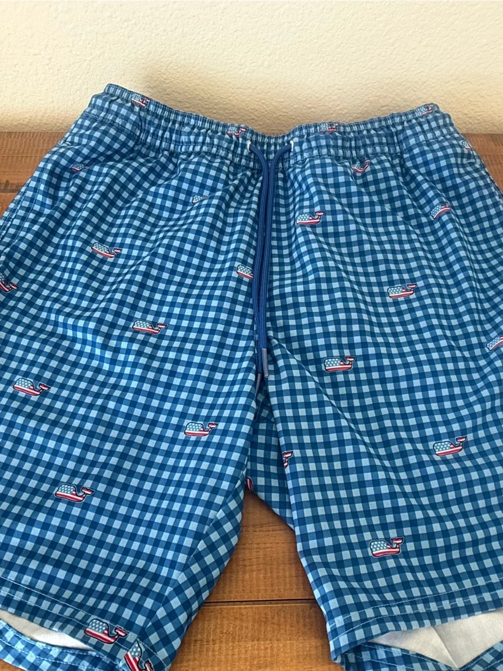 Vineyard Vines Blue Gingham Shorts with Boat Embroidery